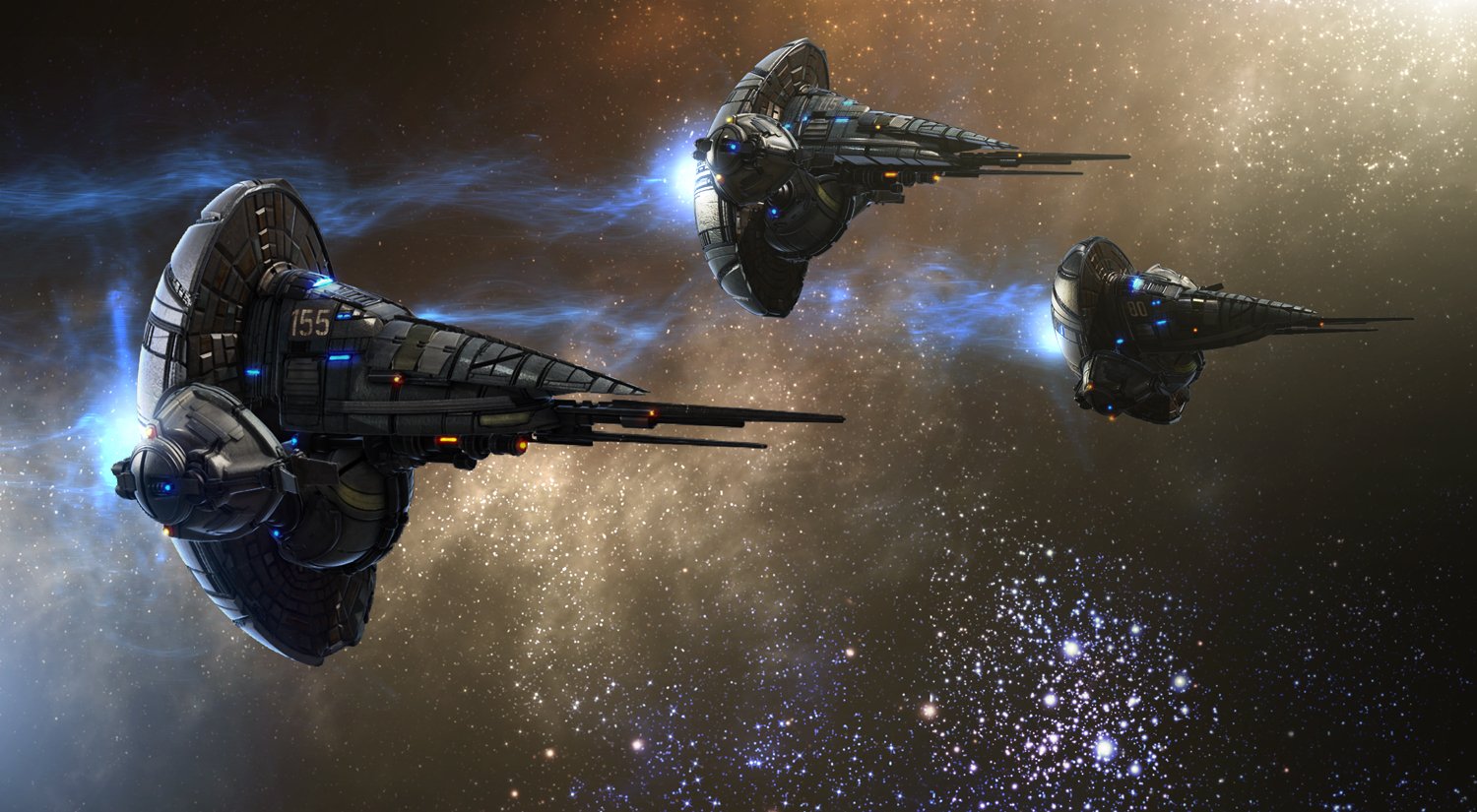 Three AD2460 warships flying through a star field