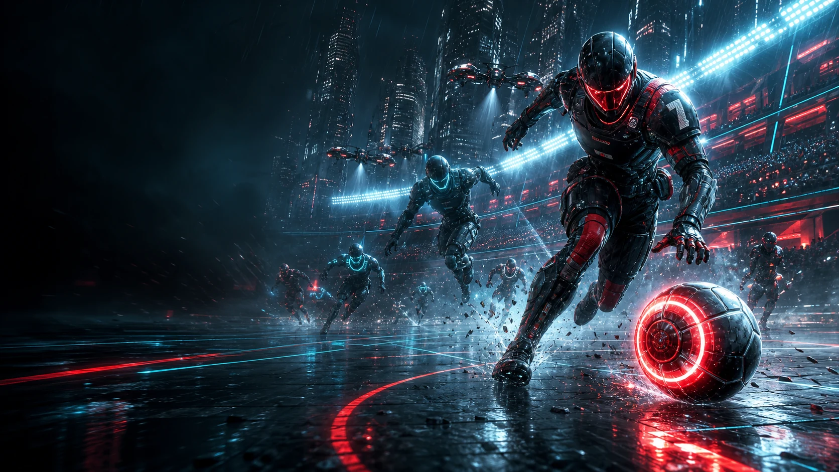 Cyber-Ball players racing for the ball in a futuristic arena