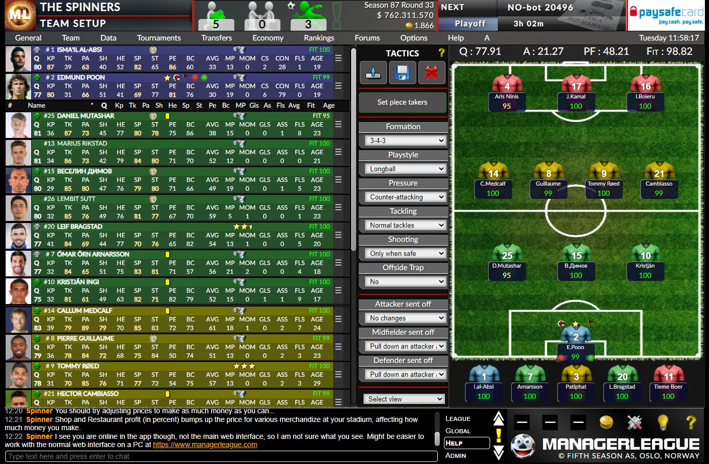 ManagerLeague team setup and tactics screen